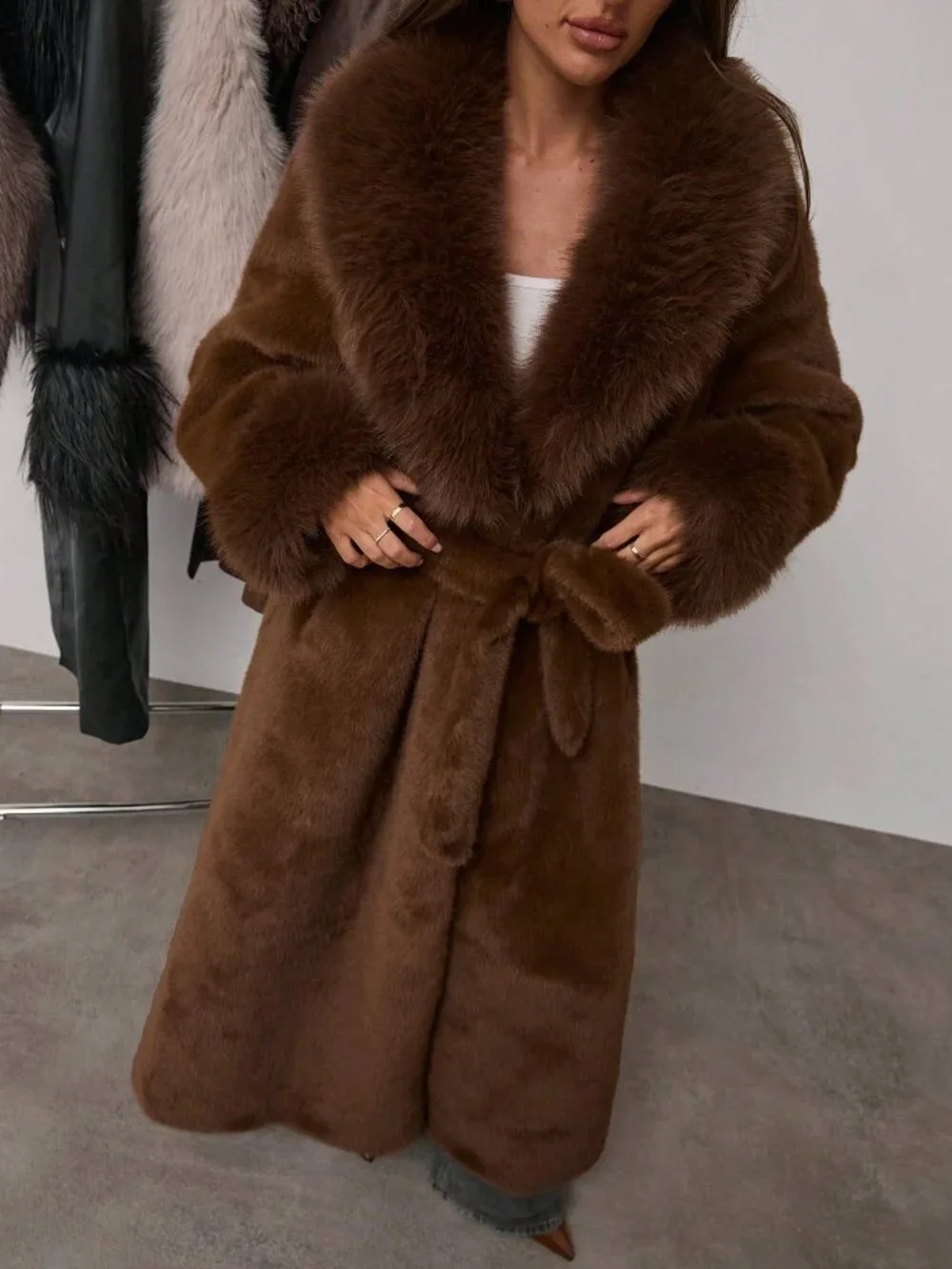 Mocha Brown Women's Shawl Collar Long Sleeve Pocket Belt Faux Fur Trench Coat